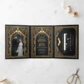 Gouden Vampier Kathedraal Gotische Huwelijksuitnod Drieluik Uitnodiging (Binnen)