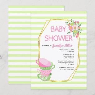 Gouden veelhoek en theefeest bloemenbaby shower kaart
