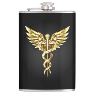 Gouden veelhoekig symbool Caduceus Heupfles