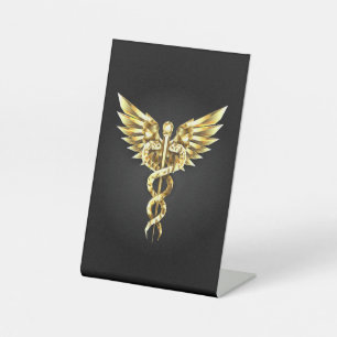 Gouden veelhoekig symbool Caduceus Reclamebord Met Voetstuk