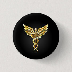 Gouden veelhoekig symbool Caduceus Ronde Button 3,2 Cm