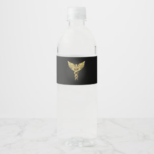 Gouden veelhoekig symbool Caduceus Waterfles Etiket