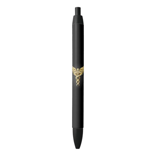 Gouden veelhoekig symbool Caduceus Zwarte Inkt Pen (Voorkant Verticaal)