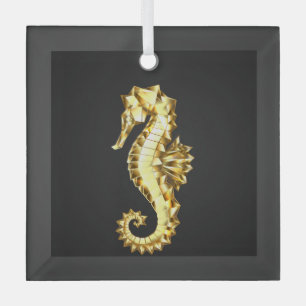 Gouden veelhoekig zeepaardje glas ornament