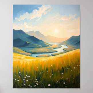Gouden Veld en Rivier bij Zonsondergang Poster