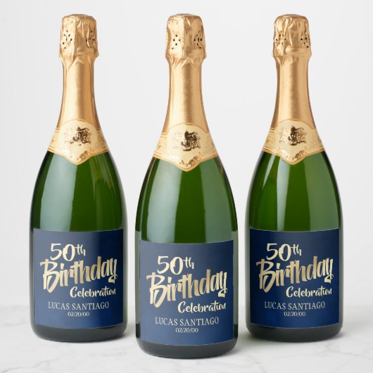 Gouden verjaardag van de mannen marine sparkling wijnetiket (Flessen)