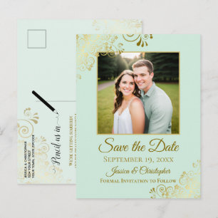 Gouden versiersels Muntgroene Trouw Save the Date  Aankondigingskaart