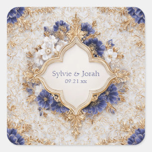 Gouden Vierbladige Frame Indigo Blauw Witte Bloeme Vierkante Sticker