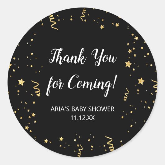 Gouden Viering op Zwart Baby shower Favor Ronde Sticker (Voorkant)