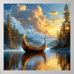 Gouden Viking-geïnspireerde boot rust op Mystic La Poster