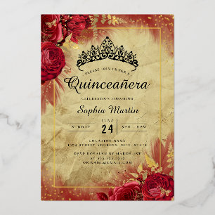 Gouden Vintage Vlinder Rode Bloemige Quinceanera Folie Uitnodiging