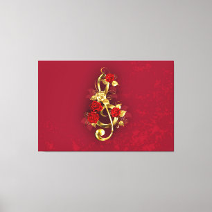 Gouden vioolsleutel met rozenbloemen canvas afdruk