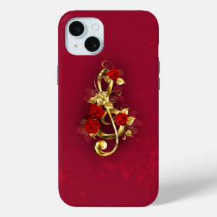 Gouden Vioolsleutel met Rozenbloemen iPhone 15 Mini Hoesje