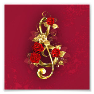 Gouden Vioolsleutel met Rozenbloemen Foto Afdruk