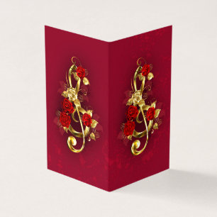 Gouden vioolsleutel met rozenbloemen visitekaartjes