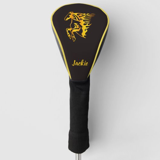 Gouden vlam paard met aangepaste naam golfheadcover (Voorkant)