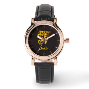 Gouden vlam paard met aangepaste naam horloge