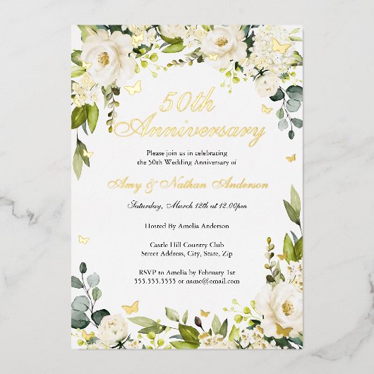 Gouden Vlinder Bloemen 50ste bruiloft Jubileum Folie Uitnodiging (Voorkant)