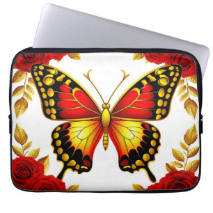 Gouden Vlinder Met Rode Rozen En Gouden Bladeren Laptop Sleeve