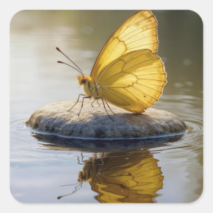 Gouden Vlinder Op een Rots in Water Vierkante Sticker