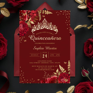 Gouden Vlinder Rode Bloem Roos Quinceanera Folie Uitnodiging