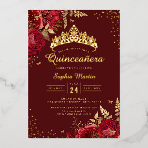 Gouden Vlinder Rood Goud Bloemige Quinceanera  Folie Uitnodiging