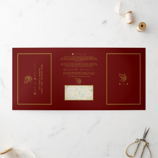 Gouden Vlinder, Rood & Goud Trouwsuite Drieluik Uitnodiging (Buitenkant)