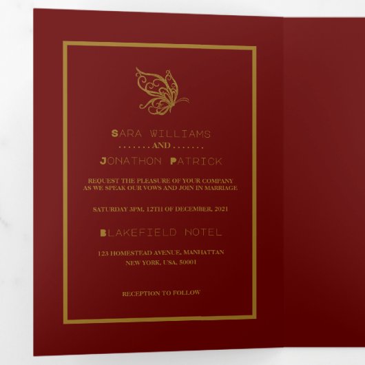 Gouden Vlinder, Rood & Goud Trouwsuite Drieluik Uitnodiging (Binnenzijde eerst)