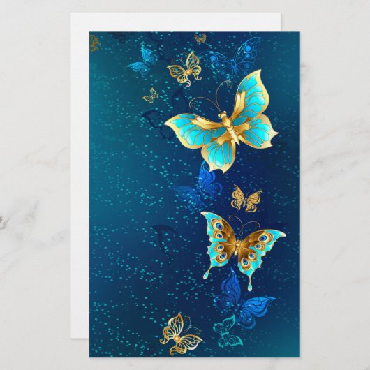 Gouden vlinders op een blauwe achtergrond briefpapier (Voorkant / Achterkant)