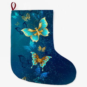 Gouden vlinders op een blauwe achtergrond grote kerstsok