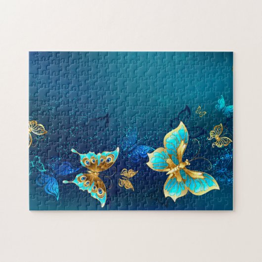 Gouden vlinders op een blauwe achtergrond legpuzzel (Horizontaal)