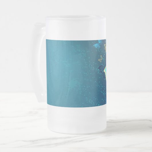 Gouden Vlinders op een Blauwe Achtergrond Matglas Bierpul (Voorkant links)