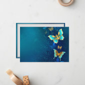 Gouden Vlinders op een Blauwe Achtergrond Notitiekaartje (Voorkant / Achterkant in situ)