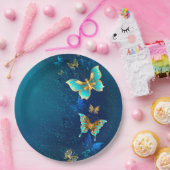 Gouden Vlinders op een Blauwe Achtergrond Papieren Bordje (Feest)