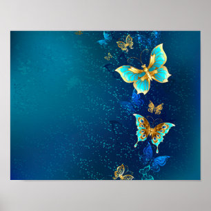 Gouden vlinders op een blauwe achtergrond poster