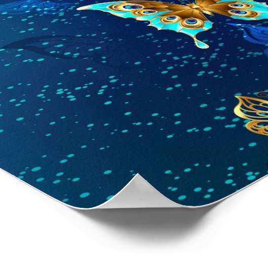 Gouden Vlinders op een Blauwe Achtergrond Poster (Hoek)