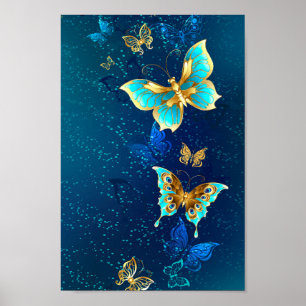 Gouden Vlinders op een Blauwe Achtergrond Poster
