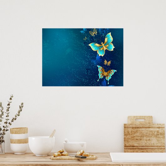Gouden vlinders op een blauwe achtergrond poster (Keuken)