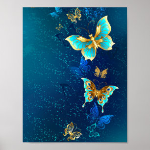 Gouden Vlinders op een Blauwe Achtergrond Poster