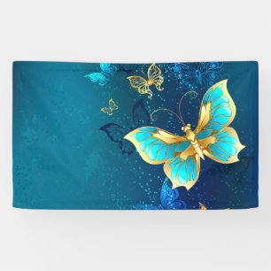 Gouden Vlinders op een Blauwe Achtergrond Spandoek