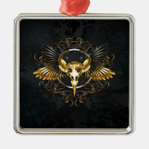 Gouden vogel schedel op zwarte achtergrond metalen ornament