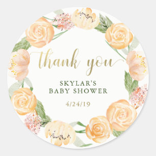 Gouden Waterverf Bloemenkrans Baby Shower Ronde Sticker