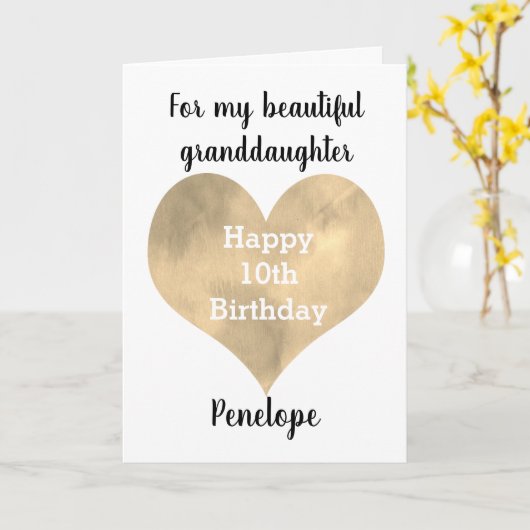 Gouden Waterverf Hart 10e Verjaardag Kaart (Gele Bloem)