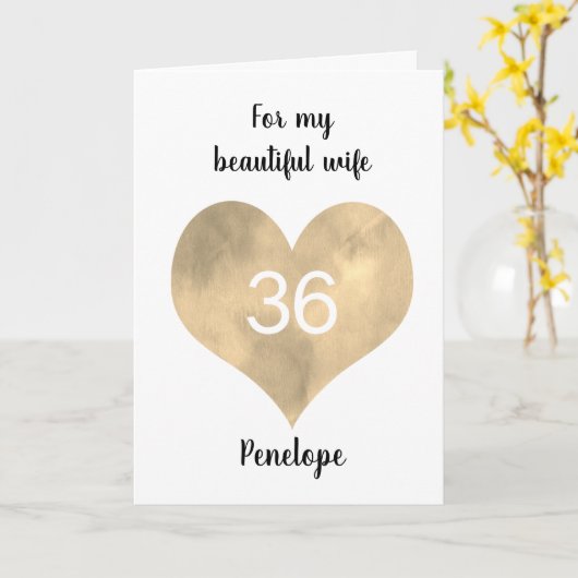 Gouden Waterverf Hart 36e Verjaardag Kaart (Gele Bloem)
