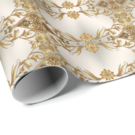 Gouden Wavy Bladeren Bloemen Inpakpapier (Rol Hoek)