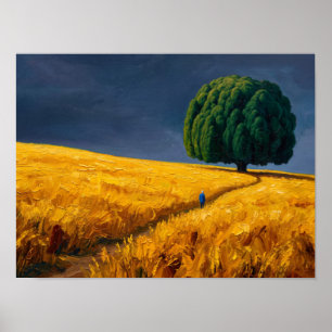 Gouden Weide & Eenzame Boom Kunst Poster