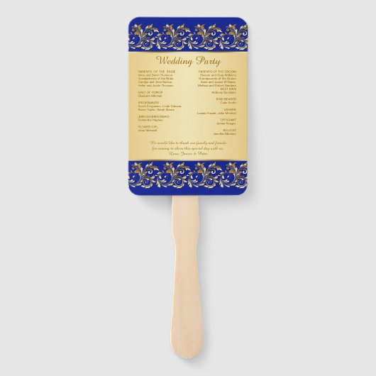 Gouden wervelingen op koninklijk blauw Bruiloft pr Handwaaier (Achterkant)