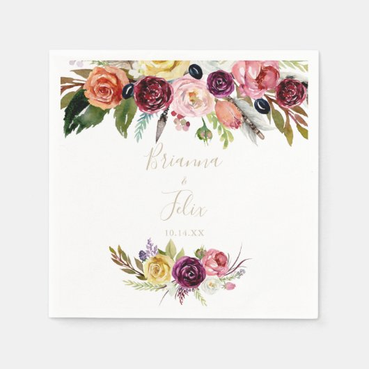 Gouden Wilde Veer Boho Tropische Bloemen Bruiloft Servet (Voorkant)