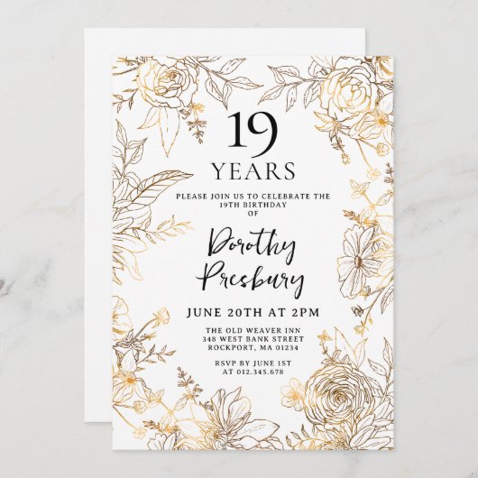 Gouden Witte Bloemen 19e Verjaardag Party Uitnodig Kaart (Voorkant / Achterkant)