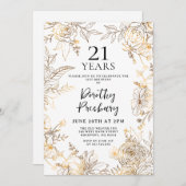 Gouden Witte Bloemen 21e Verjaardag Uitnodiging (Voorkant / Achterkant)